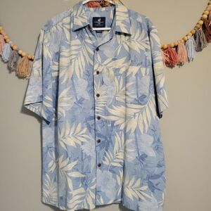 Caribbean Joe Men's XL Silk White Blue Tropical Camp Shirt Resort Vacation